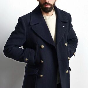 Casual Double Breasted WOOL BLEND Pea Coat Navy 42R Tuxaro NWT